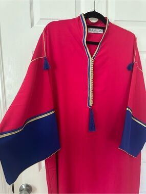 Bright Pink Caftan with Royal Blue Trim and Tassels